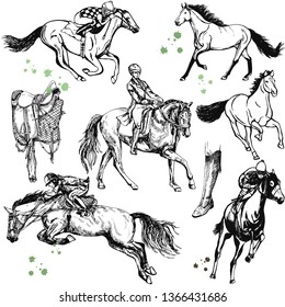 Conjunto de caballos de estilo boceto dibujados a mano, jinetes sobre caballos y montura aislados sobre fondo blanco. Ilustración vectorial.