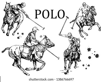 Set of hand drawn sketch style abstract polo players isolated on white background. Vector illustration.
