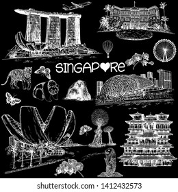 Set of hand drawn sketch style Singapore related objects isolated on black background. Vector illustration.