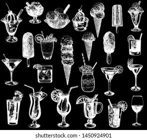 Set of hand drawn sketch style alcoholic and soft drinks plus different types of ice cream isolated on black background. Vector illustration.