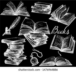 Set of hand drawn sketch style books, feather pen and pocket watch isolated on black background. Vector illustration.