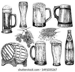 Set of hand drawn sketch style beer mugs, bottle, barrel with malt and hops isolated on white background. Vector illustration.