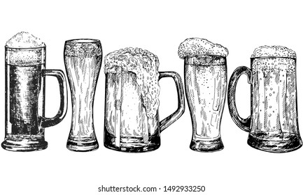 Set of hand drawn sketch style beer mugs isolated on white background. Vector illustration.