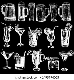 Set of hand drawn sketch style beer and highball cocktails isolated on black background. Vector illustration.