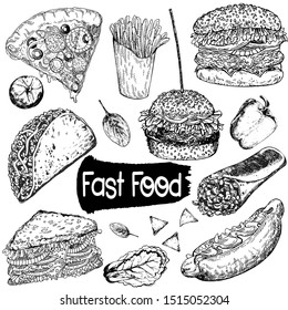 Set of hand drawn sketch style fast food isolated on white background. Vector illustration.