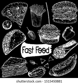 Set of hand drawn sketch style fast food isolated on black background. Vector illustration.