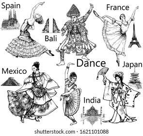 Set of hand drawn sketch style dancers isolated on white background. Vector illustration.