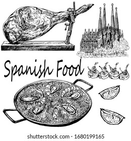 Set of hand drawn sketch style Spainish food isolated on white background. Vector illustration.