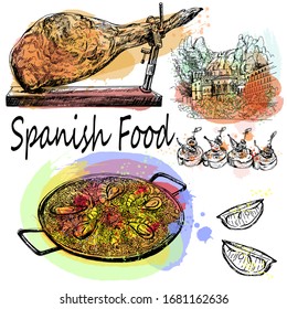 Set of hand drawn sketch style colorful Spainish food isolated on white background. Vector illustration.