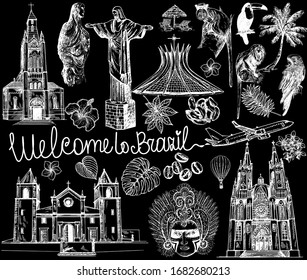 Set of hand drawn sketch style Brazil related objects isolated on black background. Vector illustration.