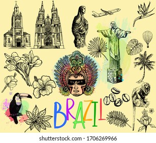 Set of hand drawn sketch style Brazil related objects. Isolated vector illustration.