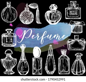 Set of hand drawn sketch style bottles of perfume isolated on black background. Vector illustration.