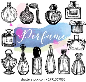 Set of hand drawn sketch style bottles of perfume isolated on white background. Vector illustration.