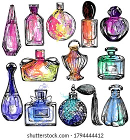 Set of hand drawn sketch style colorful bottles of perfume isolated on white background. Vector illustration.