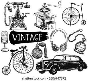 Set of hand drawn sketch style different vintage objects isolated on white background. Vector illustration.