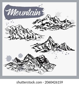 Set of hand drawn sketch style mountains isolated on white background. Vector illustration.