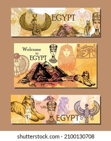 Set of hand drawn sketch style Egyptian themed posters. Vector illustration.