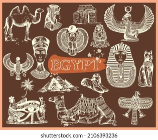 Set of hand drawn sketch style Egyptian themed objects. Vector illustration.