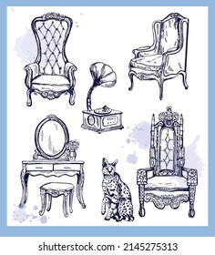 Set of hand drawn sketch style vintage interior elements isolated on white background. Vector illustration.