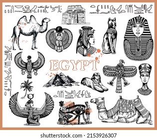 Set of hand drawn sketch style Egyptian themed objects isolated on white background. Vector illustration.