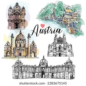 Set of hand drawn sketch style Austria related places and buildings isolated on white background. Colored vector illustration.