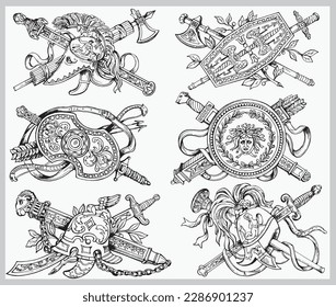 Set of hand drawn sketch style coat of arms isolated on white background. Vector illustration.