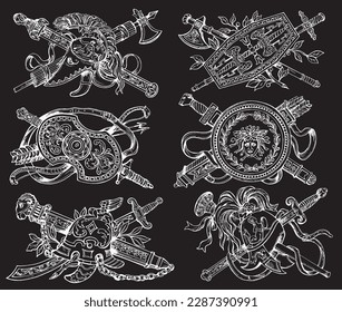 Juego de boceto dibujado a mano estilo escudo de brazos aislado sobre fondo negro. Ilustración vectorial.