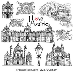 Set of hand drawn sketch style Austria related places, buildings, objects isolated on white background. Vector illustration.