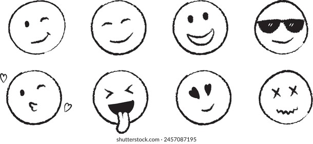 Set of Hand drawn sketch style. Emoji with different emotion mood, happy, sad, smile face icon collection. Vector Illustration.