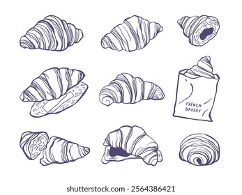 Set of hand drawn sketch style croissant. Design for bakery, menu, card, poster, packaging