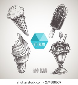 Set Of Hand Drawn Sketch Style Ice Cream. Ice Cream Cone An Chocolate Ice Cream