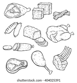 Set of Hand Drawn or Sketch Style With Different Kinds of Meat in Black and White
