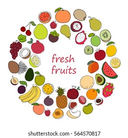 Set of hand drawn sketch style ripe and fresh fruits. Collection of colorful fruit icons. Variety of tropical fruits and berries. Vegan food concept