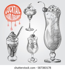 Set of hand drawn sketch style cocktails isolated on white background and blob with drops. Milkshake with cherries and cream in glass sketch vector illustration.