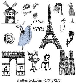 Set of hand drawn sketch style France themed objects. Vector illustration isolated on white background.