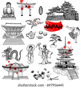 Set of hand drawn sketch style Japanese themed objects. Vector illustration isolated on white background.