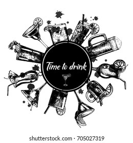 Set of hand drawn sketch style alcoholic drinks. Vector illustration isolated on white background.