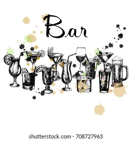 Set of hand drawn sketch style alcoholic drinks. Vector illustration isolated on white background.