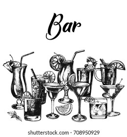 Set of hand drawn sketch style alcoholic drinks. Vector illustration isolated on white background.