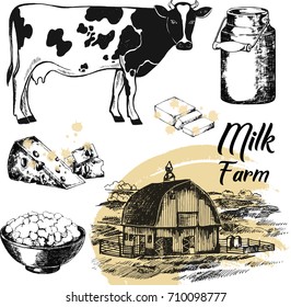 Set of hand drawn sketch style milk farm related objects. Vector illustration isolated on white background.