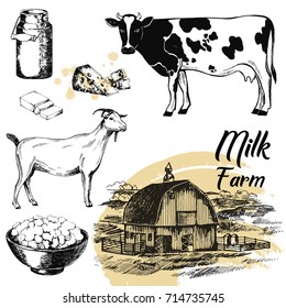 Set of hand drawn sketch style milk farm related objects. Vector illustration isolated on white background.