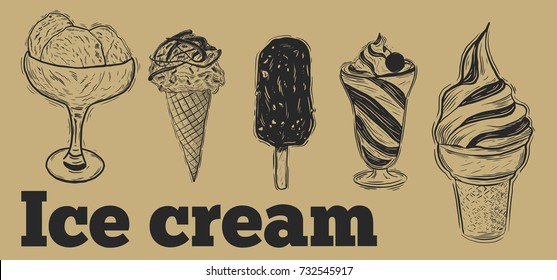 Set of hand drawn sketch style ice cream. Ice cream cone an chocolate ice cream