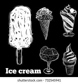 Set of hand drawn sketch style ice cream. Ice cream cone an chocolate ice cream