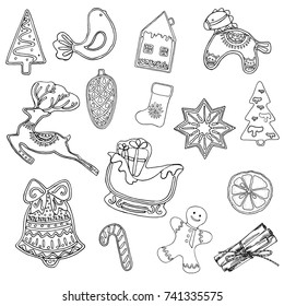 Set of hand drawn sketch style Christmas and New Year themed objects. Vector illustration isolated on white background.