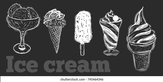 Set of hand drawn sketch style ice cream. Ice cream cone an chocolate ice cream