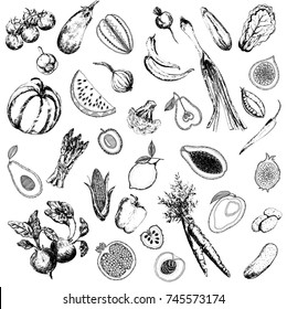 Set of hand drawn sketch style fruits and vegetables. Vector illustration isolated on white background.