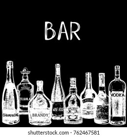 Set of hand drawn sketch style bottles of alcohol. Vector illustration. Isolated objects.