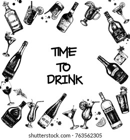 Set of hand drawn sketch style alcoholic drinks and bottles. Vector illustration isolated on white background.