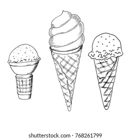 Set of hand drawn sketch style ice cream. Ice cream cone.