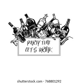 Set of hand drawn sketch style alcoholic drinks and bottles. Vector illustration isolated on white background.